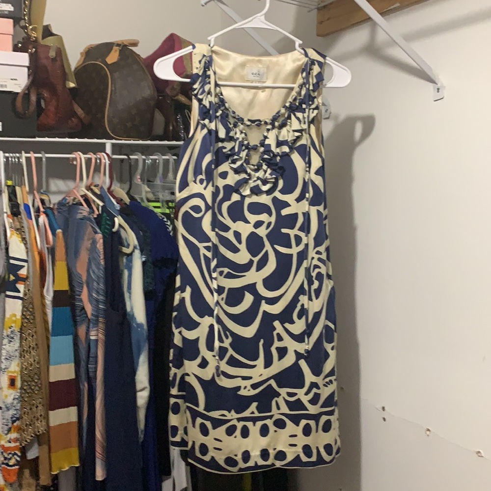 Silk tan and blue dress